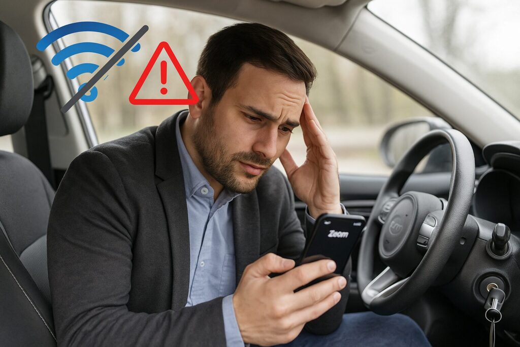 車内でZoomを利用中にWi-Fiが不安定になり、スマホのテザリング切断や電池切れに困っている男性のイメージ
