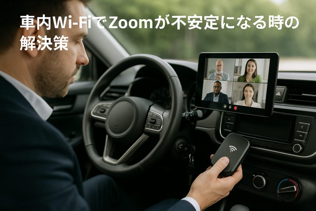 車内でWi-Fiルーターを使ってZoom会議に安定して参加している男性のイメージ
